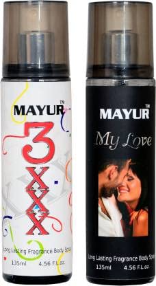 MAYUR My Love & 3XXX Body Spray (2 Pcs Of 135ml) No Gas For 24 Hrs Long Perfume Body Spray For Unisex (270ml, Pack Of 2) Fresh
