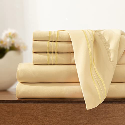 Image of Horbaunal Light Yellow Queen Size Sheet Set - 6 Piece Luxury 1800 Thread Count Bedding Sheets & Pillowcases - 16 Inch Deep Pocket Microfiber Bedding Set - Soft & Wrinkle Bed Sheets