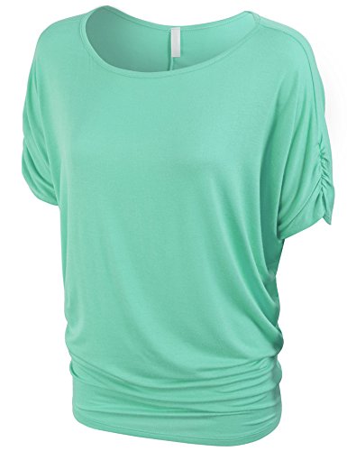 Kogmo Womens Solid Basic Womens Boatneck Dolman Top With Sleeve Shirring-2X-Mint #TOP1