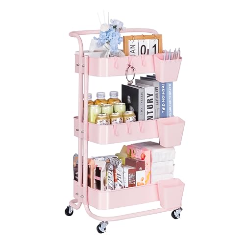 Bemece 3 Tier Trolley, Storage Trolley on Wheels with PP Draining Basket for Kitchen Bathroom Laundry and Office(Pink)