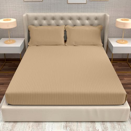 Image of Divine Casa Cotton King Size Bedsheet 210 TC Italian Stripe | Soft Skin Friendly Breathable Bed Sheet with 2 Pillow Covers | Premium Stripe Bedding Set | 275 x 275 cm (Biege, Striped)