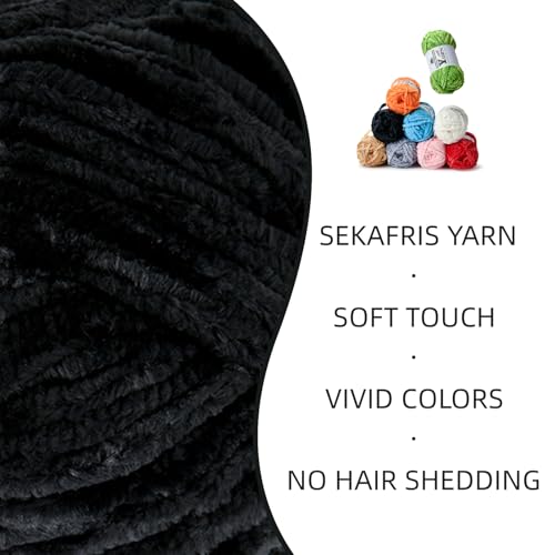Image of 2 Pack Plush Chenille Chunky Yarn - Fluffy Velvet Yarns Crochet for Blanket Knitting and Crocheting - Soft Baby Yarn for Crocheting - Amigurumi Crochet Yarns 100g (87yds) (2 Black)