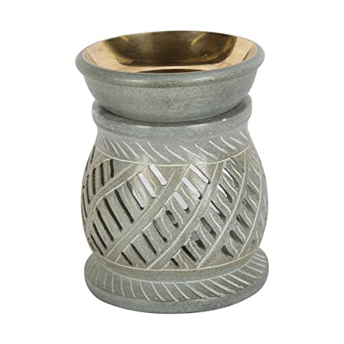 Orientalische Duftlampe NAMASTE GRÜN aus Naturstein Soapstone geschnitzt 10x10x11 cm (B/T/H) mit Metall-Schale ätherisches Öl Diffusor, Teelicht-Halter für Aromatherapie, Aromalampe | SL10