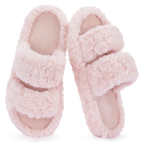 RockDove Women’s Pluffie Slippers with Arch Support & Memory Foam, Cozy Faux Fur Open Toe House Shoes, Gift-Ready Indoor Outdoor Comfort, Size 5/6 UK Women, Pink