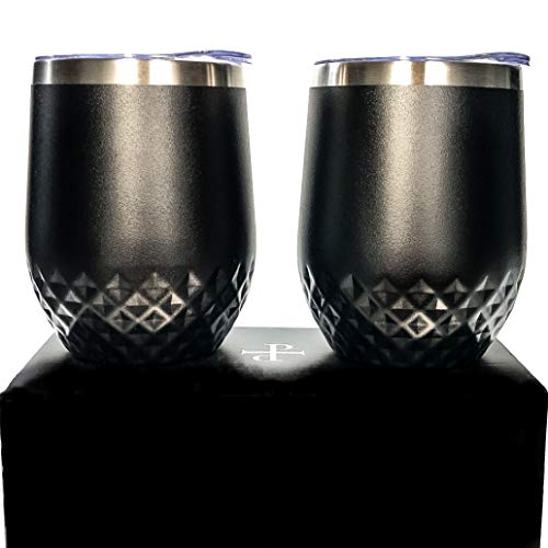 2 pack Dishwasher Safe Designer Wine Tumblers with Lids | Stemless Wine Glasses | Vacuum Insulated | Hammered | 12 oz | by Petra Verre | Stealth Black