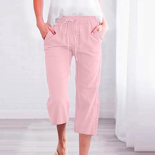 Generic Capri Pants for Women Casual 2024 Summer Drawstring Elastic High Waist Linen Pants Wide Leg Plus Size Lounge Capris2