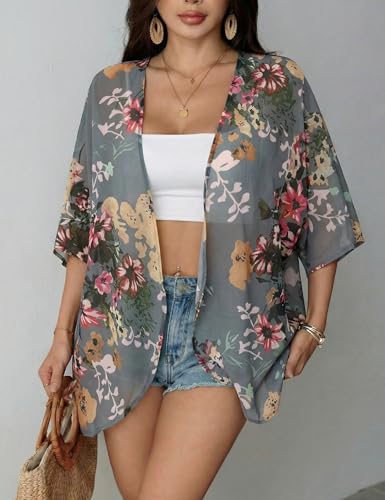 Image of Chunoy Women Floral Beach Wear Cover Up Chiffon Kimono Cardigan Open Front Blouse Top
