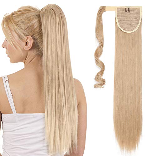 SEGO Postiche Ponytail Extension Queue de Cheval Faut Meche Lisse - 58 CM Blond Foncé Mèche Blond Blanchi [ Wrap Around ] - Rajout Postiche Cheveux a Clip pas Cher Longue