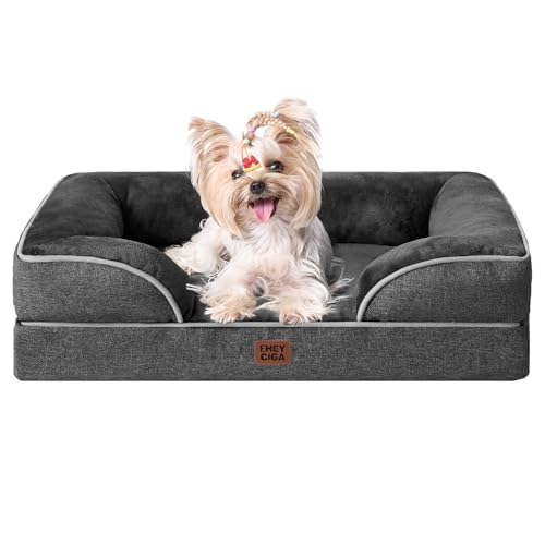 Image of EHEYCIGA Orthopedic Dog Bed for Small Dogs, Waterproof Memory Foam Small Pet Beds with Sides, Non-Slip Bottom and Egg-Crate Foam Medium Dog Couch Bed with Washable Removable Cover, Dark Grey