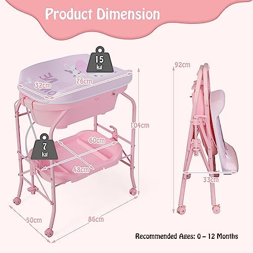 COSTWAY 4 in 1 Baby Changing Table, Folding Infant Nursery Station with Bath Tub, 4 Universal Wheels, PVC Pad and Storage Tray, Portable Newborn Massage Tables Diaper Organizer (Pink)