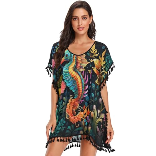 KAAVIYO Colorful Seahorse Sea Flower Women's Beach Cover Up Chiffon Tassel Swimwear Swimsuit Coverups for Girl
