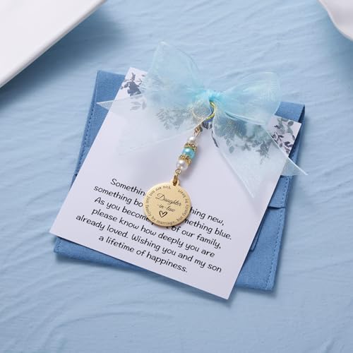 Image of MIXJOY Something Blue Gift for Bride, Wedding Day Bridal Blue Pearl Angel Wings Bouquet Garter Charm for Bride to Be