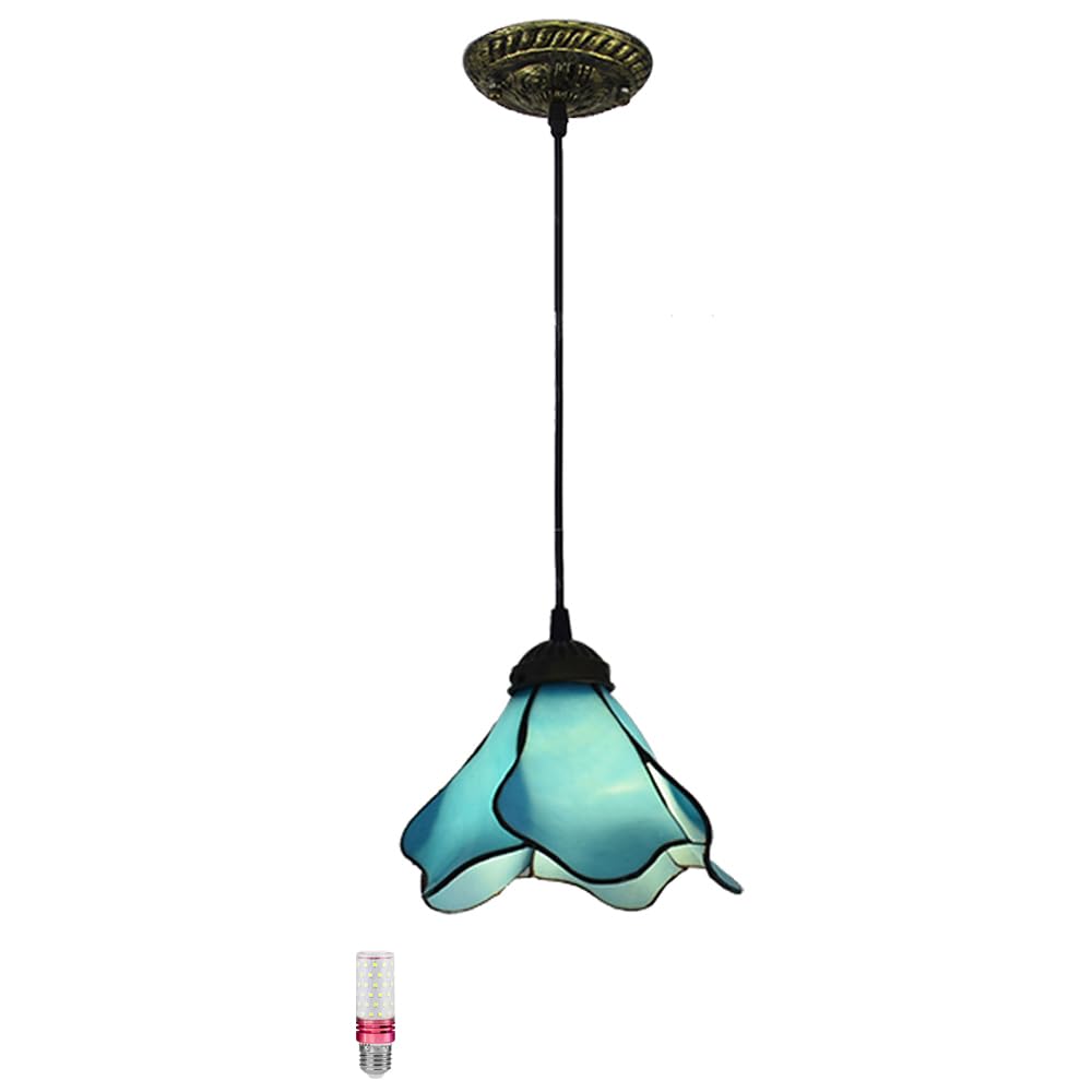 Tiffany Style Pendant Light, Decorative Hanging Light Fixture, Blue Stained Glass Chandelier for Kitchen Island Dining Room