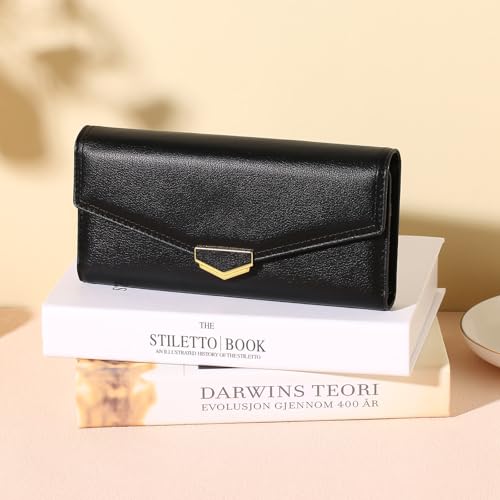 Image of Women's Wallet Leather RFID Blocking Large Capacity Trifold Card Holder Wallets Ladies Long Purse with ID Window