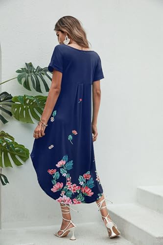 Image of Ekouaer Long Nightgowns for Women Short Sleeve House Dress with Pockets V Neck Sleepshirts Side Split Sleepwear S-4XL