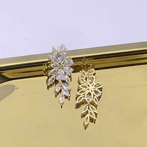 Women's Cubic Zirconia Wedding Earrings - 14k Plated Sterling Silver Bridal Crystal CZ Cluster Floral Flower Dangle Drop Earring for Bride Bridesmaids Party Prom Girls Costume Jewelry 5