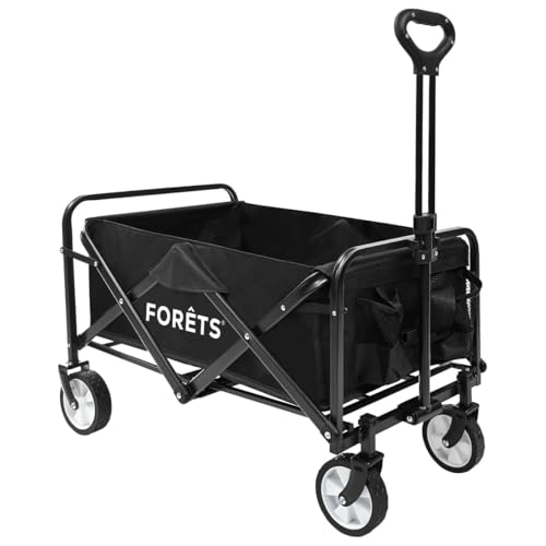 FORÊTS Carro Plegable para Camping, Jardín, Playa y Aire Libre | 70 x 40 x 44 cm | 4 Ruedas Giratorias 360º | Manija Ajustable | Capacidad Máx. 75 kg | Negro | FTS001