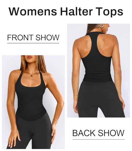Womens Halter Top Deep Scoop Neck Low Cut Racerback Tank Top for Women Workout Ribbed Knit Fitted Sleeveless Cami Shirt2