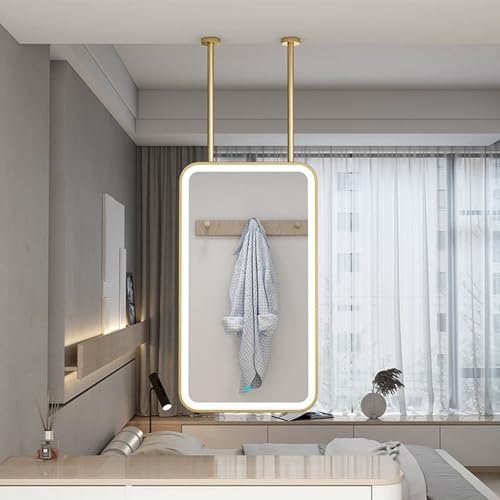 Renmlion Espejo Dorado para Colgar en el Techo，Espejo de baño LED suspendido con Luces，Espejos de Pared rectangulares Grandes Espejos Colgantes Decorativos con Marco de Metal para Pasillo(50cmx70cm)