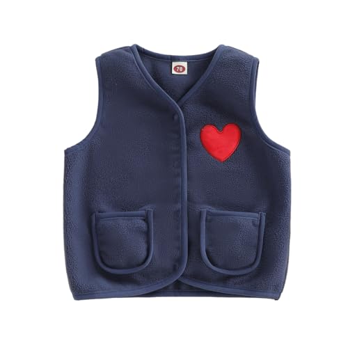 BeliBacca Toddler Baby Boys Fleece Gilet Vest Heart Embroidery Button Down Sleeveless Jacket With Pockets Kids Boy Valentines Coat Warm Outwear Vest Winter Clothes (Blue, 12-18 Months)
