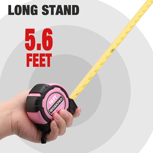 Image of WORKPRO 16FT Pink Tape Measure, 1 /8 Fractions Easy Read Measuring Tape | Retractable Nylon Coating Measurement Tape Accuracy 1 /32, Magnetic Hook, Belt Clip, Rubber Protective Casing