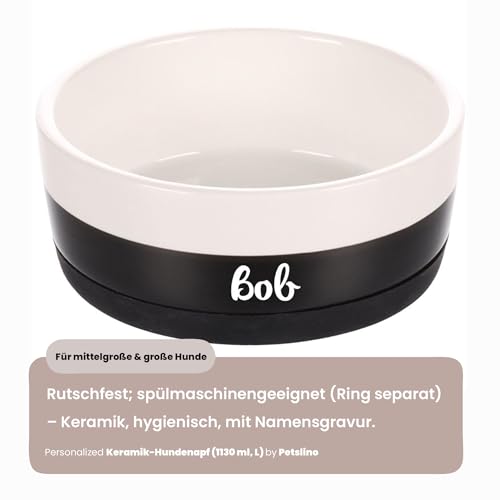Personalisierter Duke Keramik-Futternapf 1130 ml (L) Schwarz-Weiß – rutschfest, leicht und hygienisch – Futter- und Wassernapf für mittelgroße und große Hunde – personalisiert mit Namen – Petslino