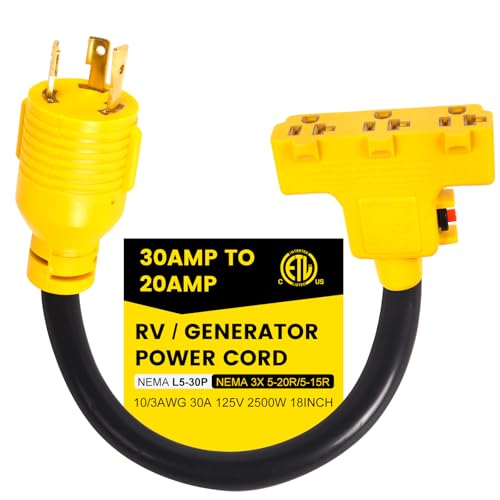 CORDMITPRO 30A Surge Protector 110 Generator Power Cord Adapter, 30A Shore Power 15Amp/20Amp, Marine NEMA L5-30P to 3X 5-15R/5-20R RV Generator, 1.5 Feet