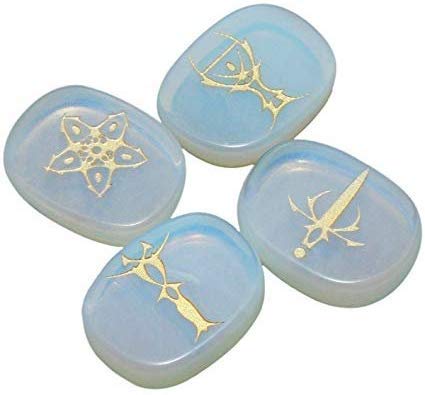 Fashion Passion India Healing Crystal Opalite 4 pcs Engraved Tarot Symbol Palm Stones Reiki Balancing