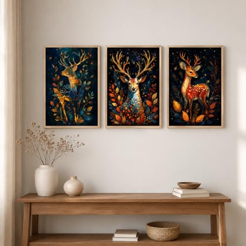 Image of Livin'luxe Set of 3 Deer Forest Wall Paintings for Living Room Bedroom Hallway Home Decor with Premium Wooden Color Synthetic Frame (25.5 x 19.5 Inch) NM03-76