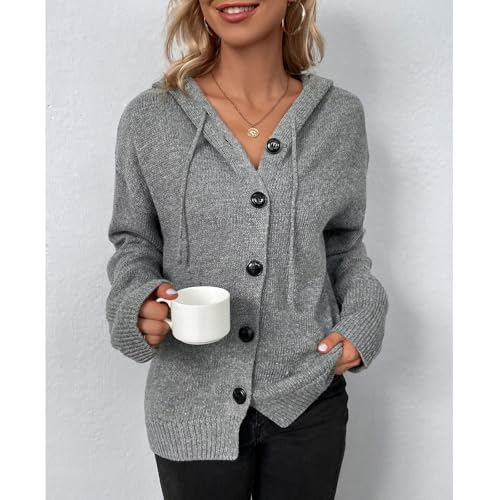 Image of Blostirno Women's Casual Hooded Cardigan Sweaters V Neck Button Down Long Sleeve Kint Cardigans Coat