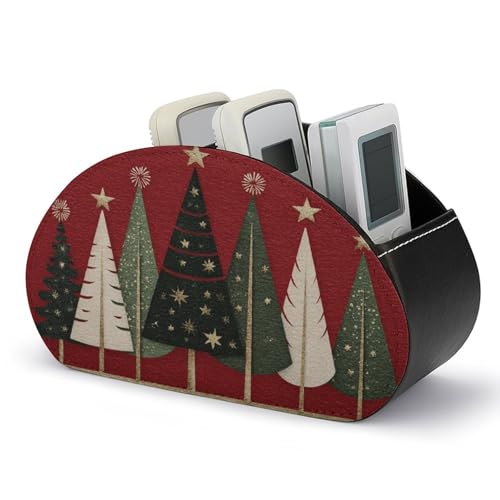 Jubonexis Festive Christmas - Soporte de control remoto de dibujos animados de pinos verdes con 5 compartimentos de cuero para TV, organizador de escritorio