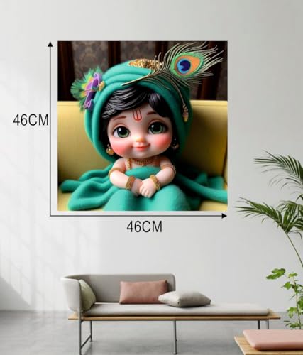 Image of Akki Wold Baby Green Krishna In Green Blanket Wall Poster For Living Room, Office, Pooja Room (Size - 41CM X 41CM)