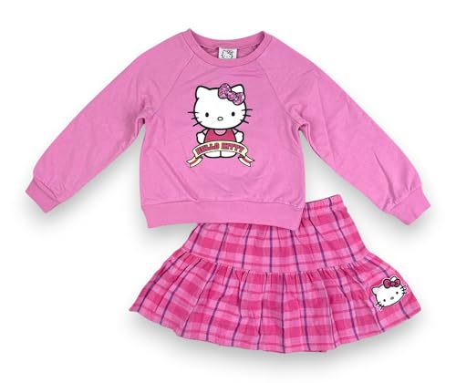 Image of Hello Kitty Girls 2-Piece Outfit Set, Long Sleeve Fleece Sweatshirt and Plaid Flannel Skirt, Fall Winter Clothing - Light Pink Plaid 5-6