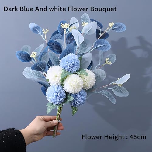 Image of Combo Set of Modern Geometric Vase and Premium Handmade Realistic Artificial Flower Bouquet for Living Room, Bedroom, Office & Gifting (White & Blue)