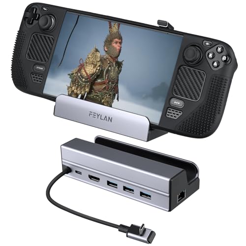 Steam Deck Dock, Feylan 6-in-1 Docking Station with 4K HDMI@60Hz, 1Gbps Ethernet, 100W USB-C Fast Charging, 3 USB 3.0 Ports, Compatible with Steam Deck OLED, ROG Ally