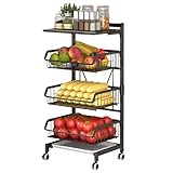 LIYJTK CARRO DE ALMACENAMIENTO DE COCINA CESTA DE VEGETALES DE FRUTAS DE 4 NIVELES AJUSTABLE PARA LA OFICINA EN EL HOGAR (3 cestas y 1 mesa de madera)