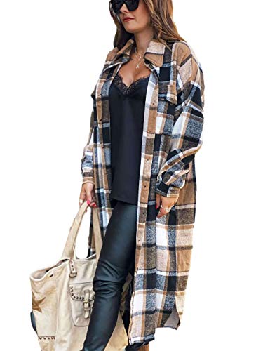 Himosyber Women's Casual Plaid Lapel Woolen Button Up Pocketed Long Shacket Coat(Brown-L) #TOP1