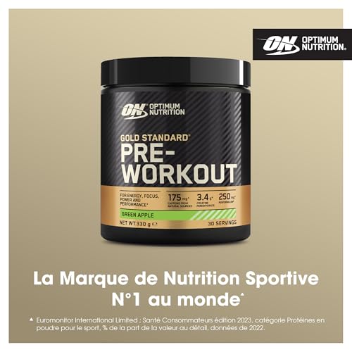 Optimum Nutrition Gold Standard Pre Workout en poudre, boisson énergétique avec créatine monohydrate, bêta-alanine, caféine et vitamines B, complément goût Pomme verte, 30 portions, 330 g – Image 3