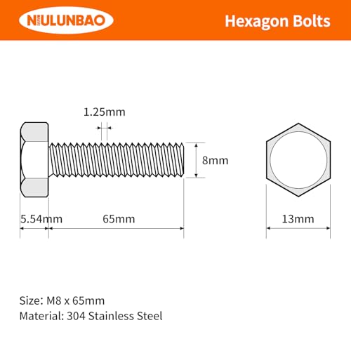 Image of M8-1.25 x 65mm Heavy Duty Hexagon Bolts Hex Head Screws, 304 Stainless Steel, Metric Machine Fully Thread, Bright Finish, Quantity 10PCS
