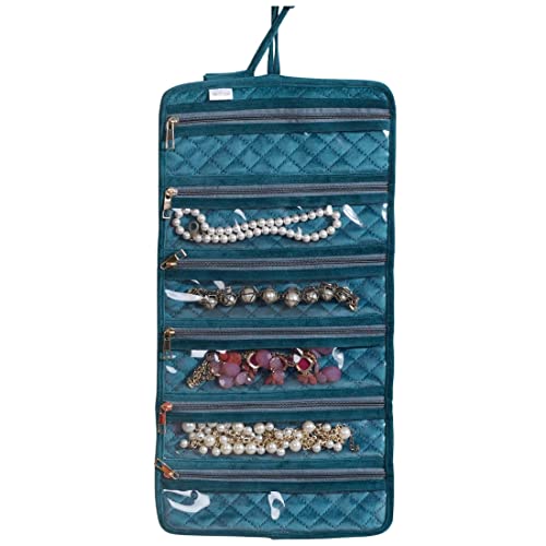 Nestasia Green Portable and Foldable 6-Compartment Velvet Jewellery Organiser Roll Pouch | Smooth Finish, Perfect for Gifting (10 x 20 Inch)