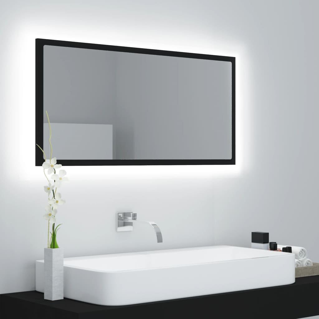 TREISL Espejo de baño casa LED negro 90 x 8,5 x 37 cm de aglomerado elegante espejo de pared con luz RGB colores de iluminación múltiples espejo de dormitorio contemporáneo