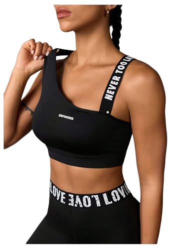 OYOANGLE Women's Letter Print Sports Bra Asymmetrical Neck Cut Out Medium Support Workout Yoga Bras
