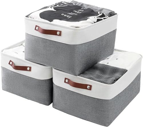 Mangata Stoff Aufbewahrungskörbe Kaltgrau&Weiß, große Aufbewahrungsboxen mit Griffen für Kleiderschrank, Regale, Schrank(Kaltes Grau, L) – Ansicht 1
