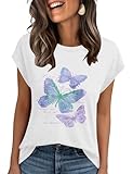 AKEWEI Women's Butterfly Tshirt Funny Cute Graphic Tee Tops Loose Cap Sleeve Summer Shirt(White Butterfly,L)