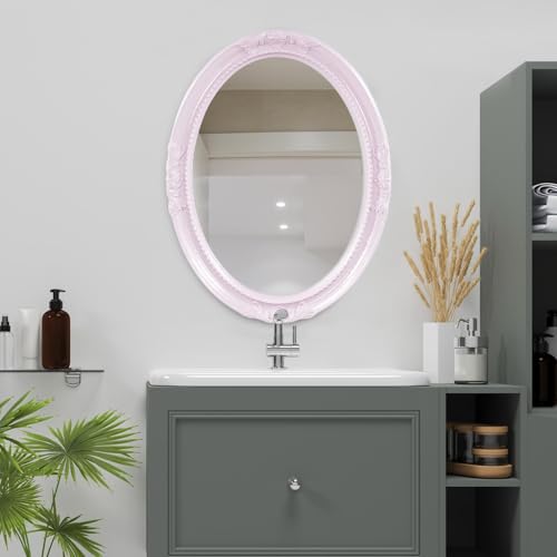 Image of Howard Elliott Collection Queen Ann Oval Glossy Lilac Wall Mirror, Oval Bevelled Hanging Wood Framed Vanity Mirrors for Home Decor, Living Room, Bathroom, Bedroom, or Hallway, 25 x 33 Inch