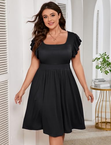 Image of ShopWonder Women Plus Size Midi Dress Short Ruffle Sleeves High Waist Casual Summer Dress with Pockets