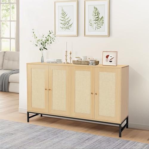 QuicMiou Sideboard Buffet Cabinet, Kitchen Storage Cabinet with 4 Rattan Decoration Doors, Metal Feet Accent Console Table for Kitchen, Living Room, Hallway (Natural)