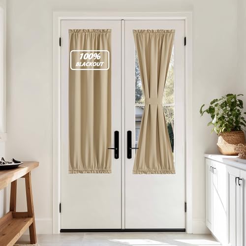 NICETOWN 100% Blackout French Door Curtains, Privacy Door Curtains for Window, 25 X 64 Inch Long Room Darkening Blinds, Thermal Insulated Window Shade