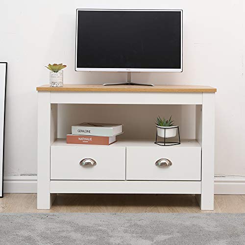 Meuble TV d'angle blanc et chêne pour optimiser l'espace du salon