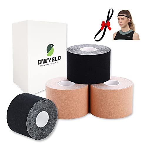 OWYELO Pack de 4 Kinesiotape, Cinta Kinesiológica Impermeable, Mobitape, Venda Neuromuscular Adhesiva, para Deportes y Medicina, Colores Mixtos, con una Banda Deportiva Antideslizante